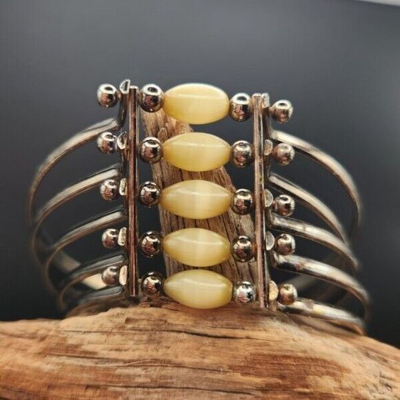 Vintage Silvertone‎ 5-band Bangle Bracelet Cat Eye Beads - Picture 2 of 2